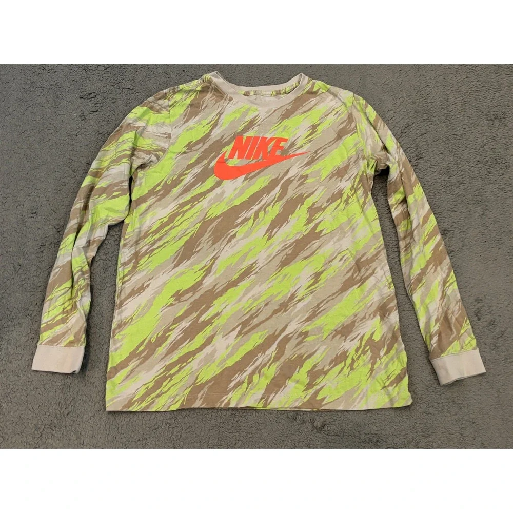Nike Boys XL Long Sleeve Graphic Camo Tee Tan Neon Green Orange Logo Shirt